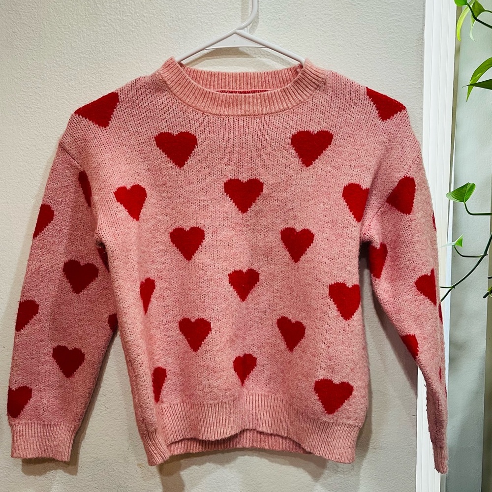 SHEIN Kids Pink Sweater with Red Heart Motif